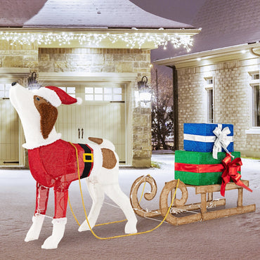 LED Christmas Sleigh with Dog, Gifts, and Festive Lights