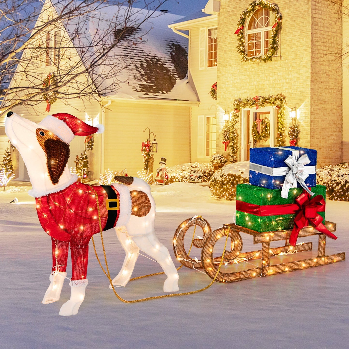 LED Christmas Sleigh with Dog, Gifts, and Festive Lights