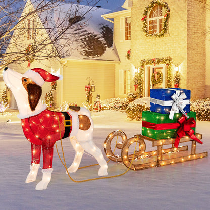 LED Christmas Sleigh with Dog, Gifts, and Festive Lights