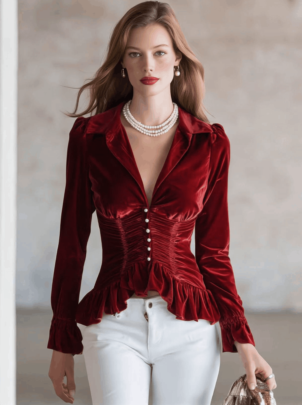 Chic Red Velvet Retro Ruffled Long Sleeve Shirt