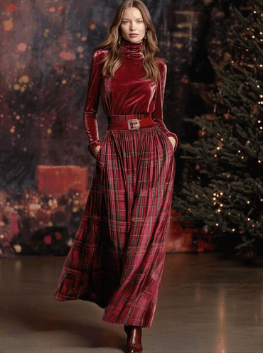 Vintage-Inspired Red Velvet Checkered Skirt Set with Turtleneck for Christmas