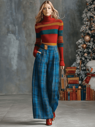 Versatile Wide-Leg Blue Check Trousers in Retro Style