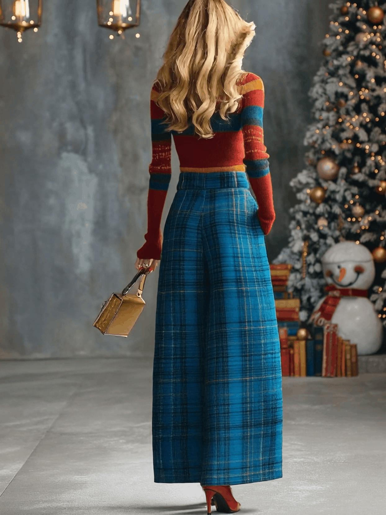 Versatile Wide-Leg Blue Check Trousers in Retro Style