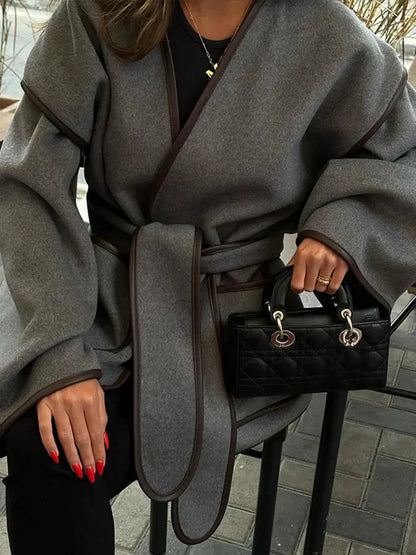 Women's Oversized Grey Autumn Coat with Belt