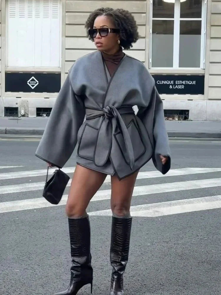 Women's Oversized Grey Autumn Coat with Belt