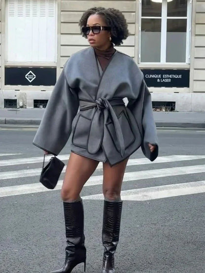 Women's Oversized Grey Autumn Coat with Belt