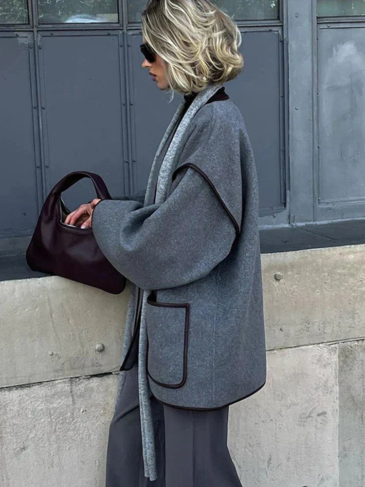 Women's Oversized Grey Autumn Coat with Belt
