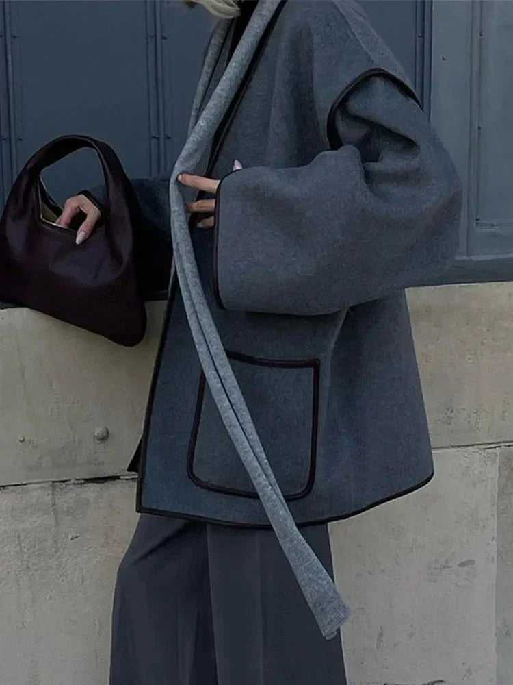 Women's Oversized Grey Autumn Coat with Belt