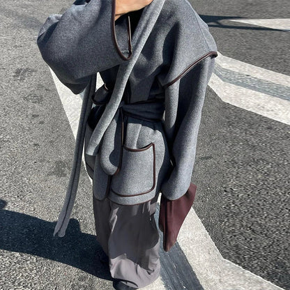 Women's Oversized Grey Autumn Coat with Belt