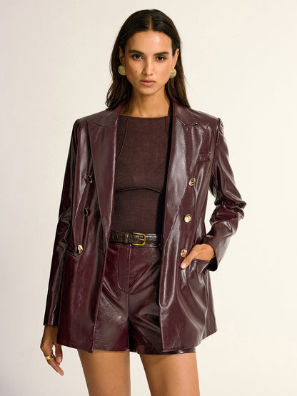 Paloma | PU Leather Blazer with Metal Button and Lapel Pockets