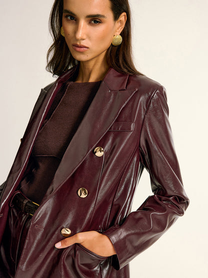 Paloma | PU Leather Blazer with Metal Button and Lapel Pockets