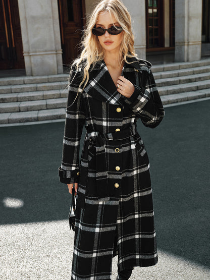 Mazie | Plaid Wool Blend Trench Coat with Belt