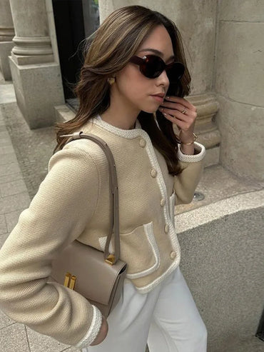 Timeless Women's Cropped Tailored Jacket - Long Sleeve with Textured Fabric