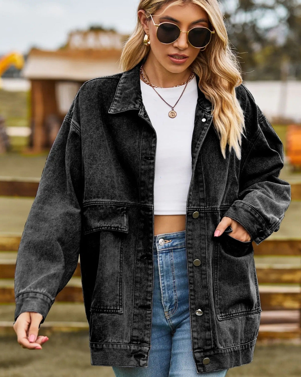 Stylish Oversized Denim Jacket with Button Fastening for Women
