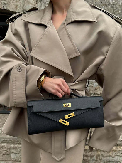 Retro Women's Trench Coat with Turn-Down Collar and Shoulder Pads - Chic Short Jacket