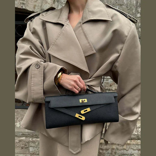 Retro Women's Trench Coat with Turn-Down Collar and Shoulder Pads - Chic Short Jacket