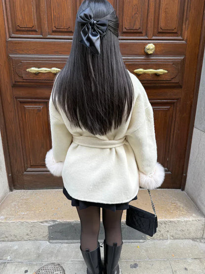 Faya Jas Women's Elegant Winter Jacket with Faux Fur Trim and Stylish Waist Belt