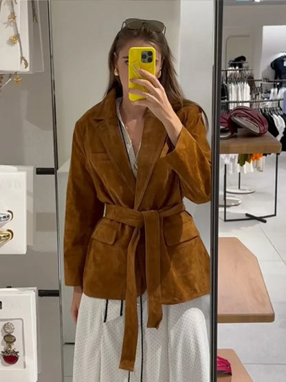 Autumn Women's Long Sleeve Suede Jacket with Belt and Pockets