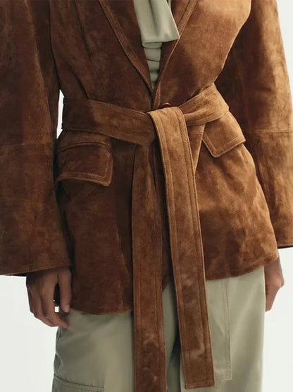 Autumn Women's Long Sleeve Suede Jacket with Belt and Pockets