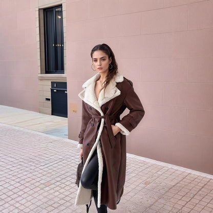 Women's Plush-Lined Long Leather Coat with Wide Lapels – Versatile Winter Outerwear for Formal and Casual Events