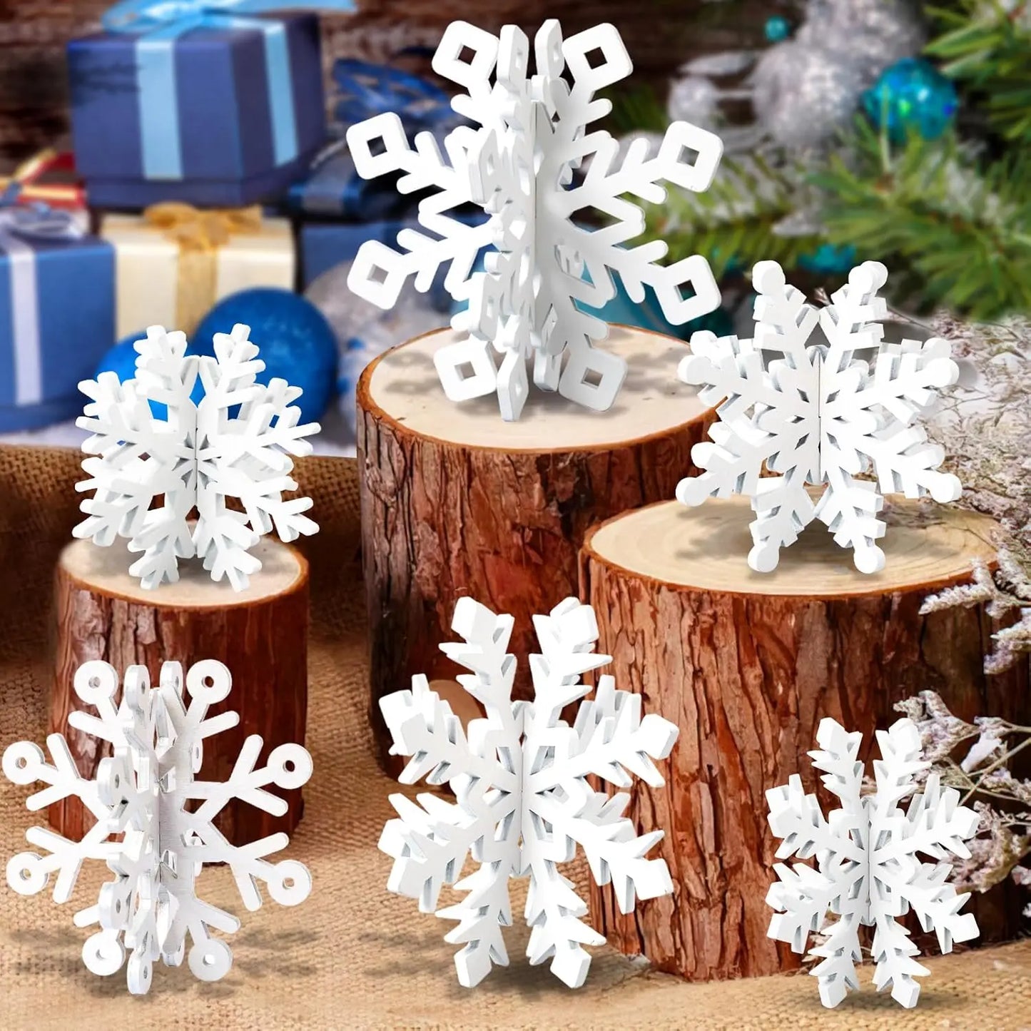 Set of 6 White Wooden Snowflake Christmas Ornaments for Table Decor