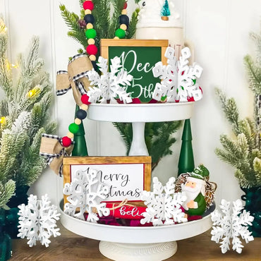 Set of 6 White Wooden Snowflake Christmas Ornaments for Table Decor