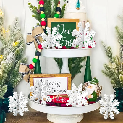 Set of 6 White Wooden Snowflake Christmas Ornaments for Table Decor