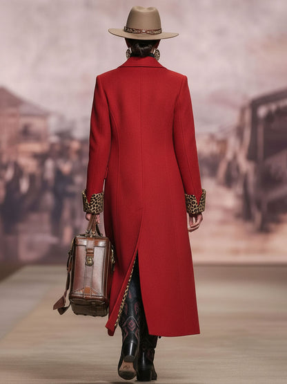 Leopard Print Wool Coat with Lapels - Single-Breasted Design