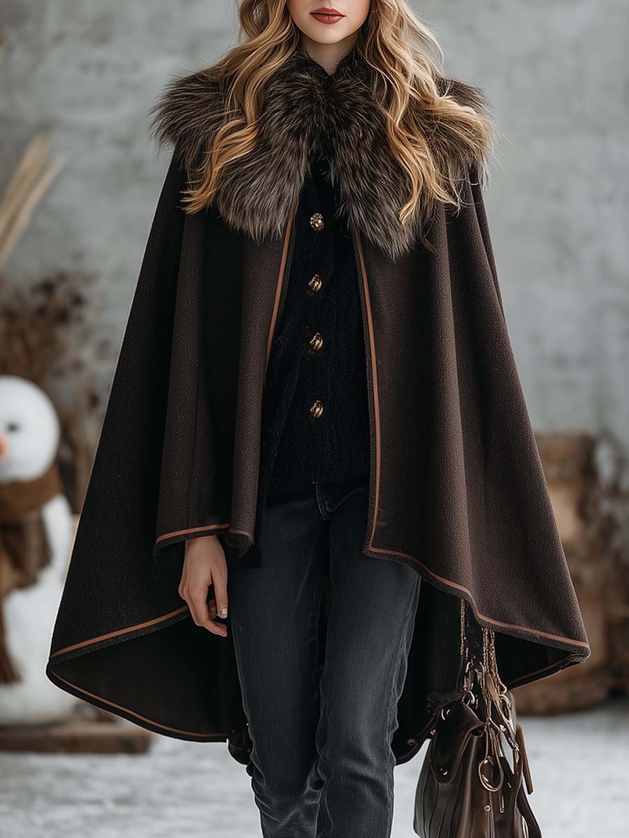 Classic Dark Brown Wool Coat with Cozy Faux Fur Collar