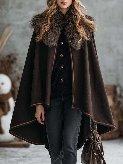 Classic Dark Brown Wool Coat with Cozy Faux Fur Collar