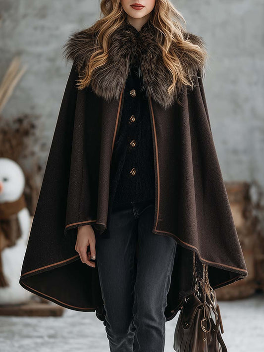 Classic Dark Brown Wool Coat with Cozy Faux Fur Collar
