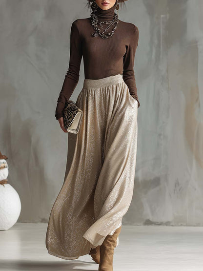 Chic Retro Brown High-Neck Sweater Paired with a Shimmering Silver Skirt