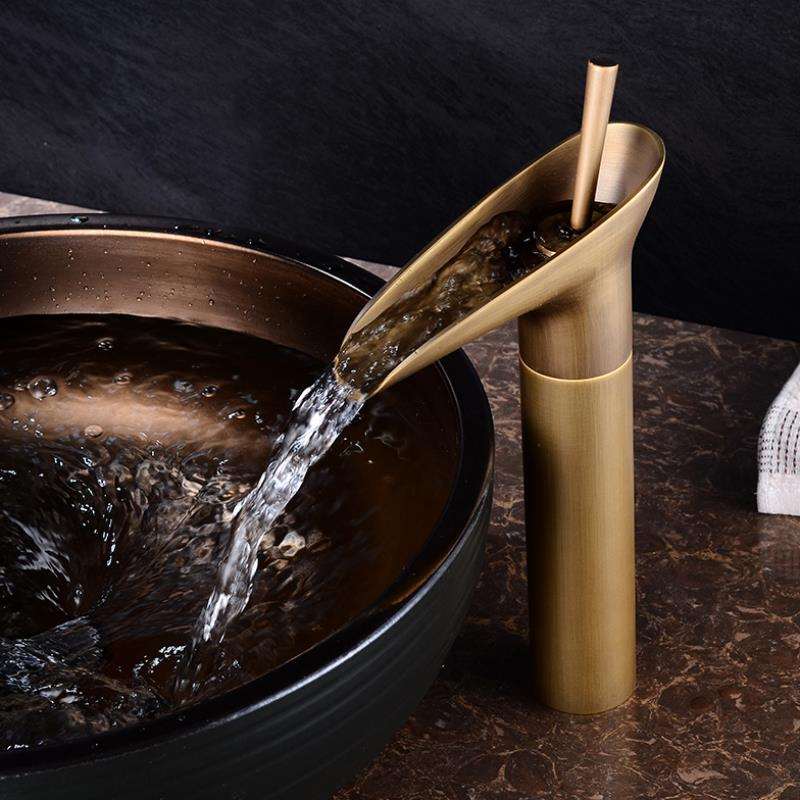 Cascade Antique Brass Basin Mixer Tap - Vintage Waterfall Bathroom Faucet
