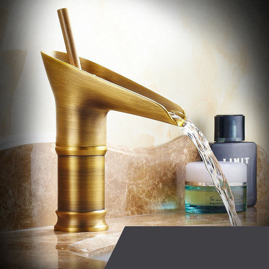 Cascade Antique Brass Basin Mixer Tap - Vintage Waterfall Bathroom Faucet