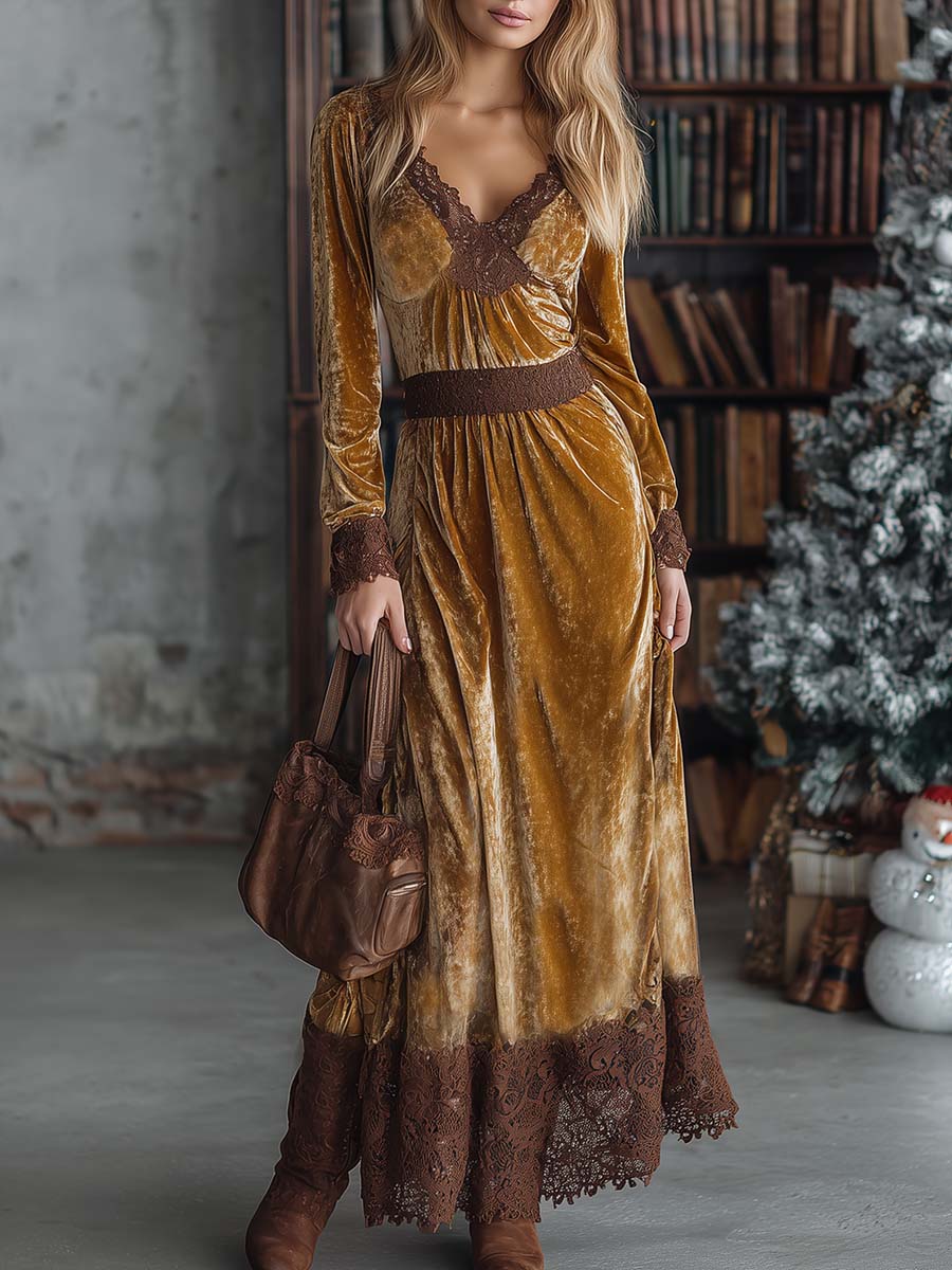 Chic Brown Maxi Dress Featuring Lace, V-Neck, and Luxurious Gold Velvet Accents