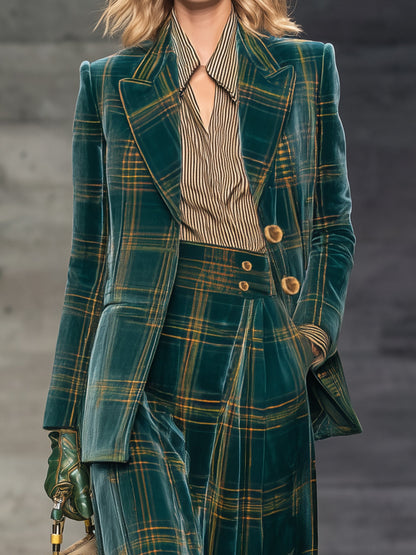 Chic Green Check Velvet Blazer with High-Waisted Wide-Leg Trousers