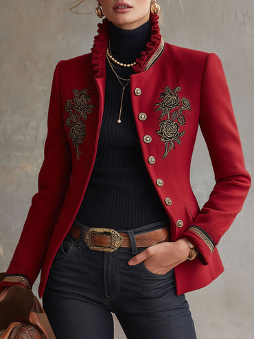 Rose-Embroidered Single-Breasted Wool Jacket with Frilled Stand-Up Collar