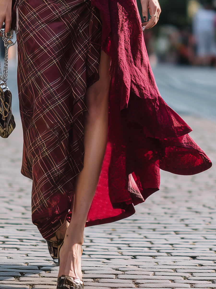 Vintage-Inspired Red Plaid Patchwork Skirt