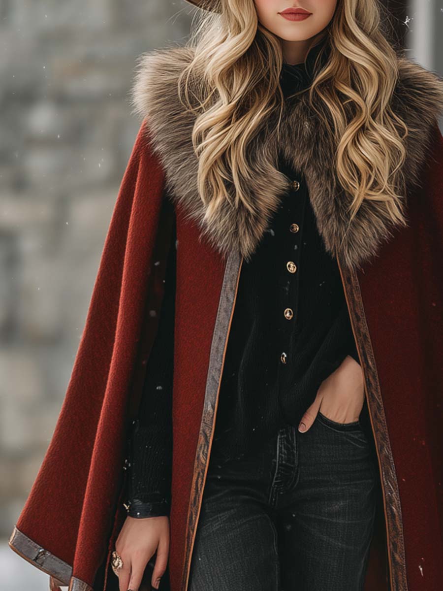 Classic Red Wool Coat with Cozy Faux Fur Collar