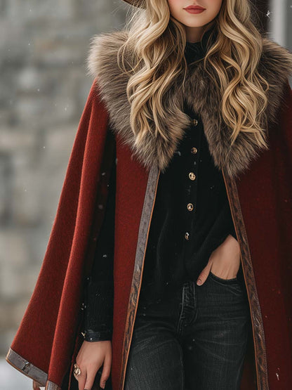 Classic Red Wool Coat with Cozy Faux Fur Collar