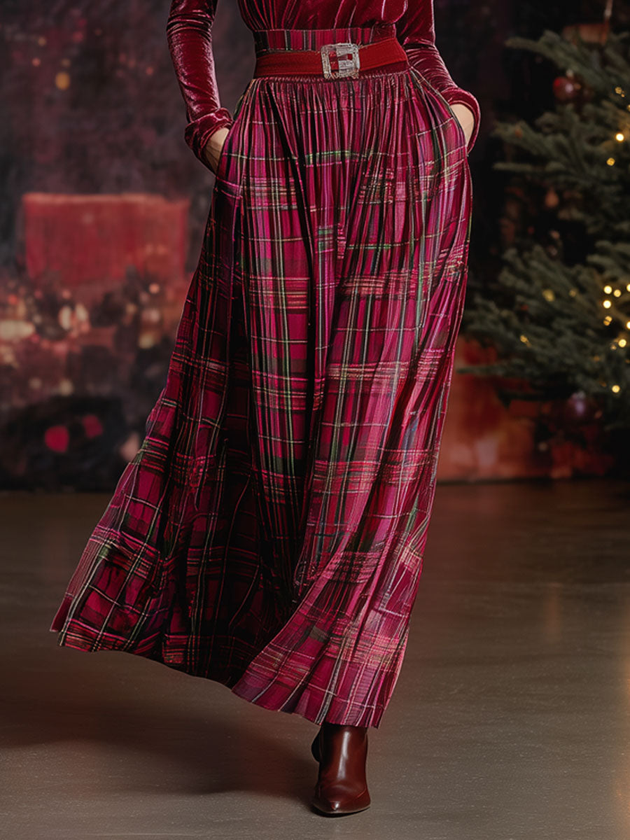 Vintage-Inspired Red Velvet Checkered Skirt Set with Turtleneck for Christmas