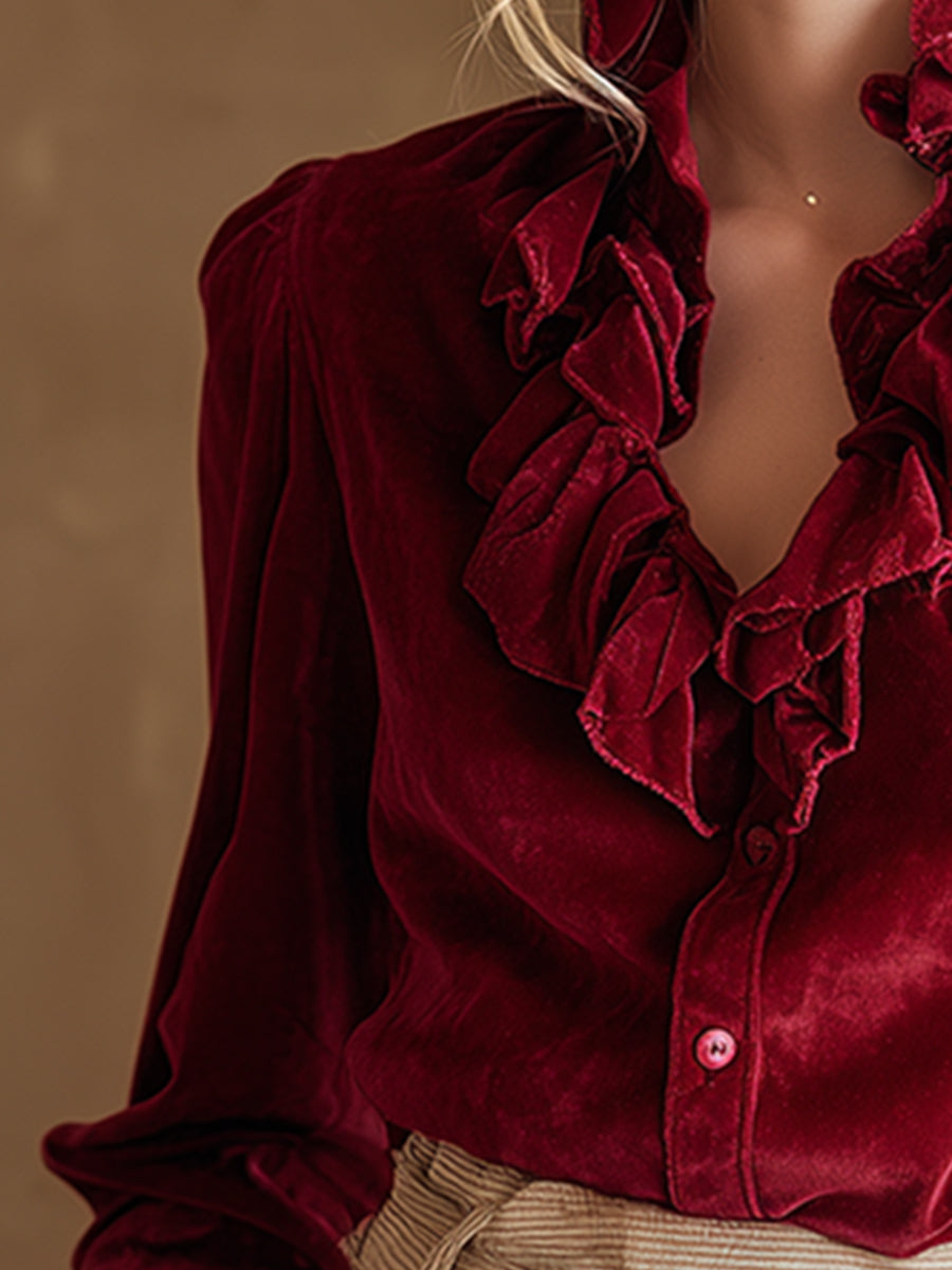 Chic Vintage Red Ruffled Collar Shirt