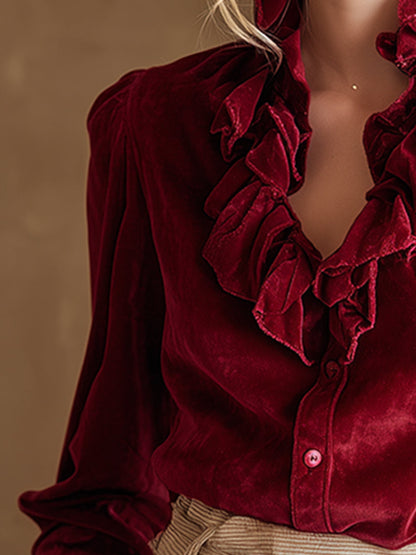 Chic Vintage Red Ruffled Collar Shirt