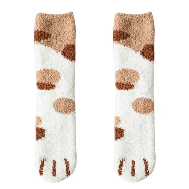 Cozy Winter Plush Socks with Cat Paw Design and Fun Animal Prints