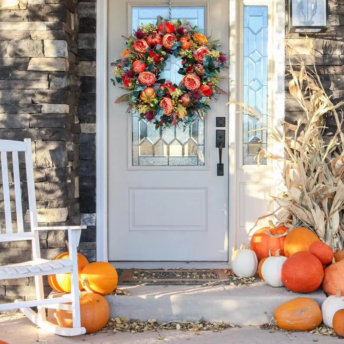 40 cm Autumn Wreath with Peony Flowers and Pumpkins for Door Decor