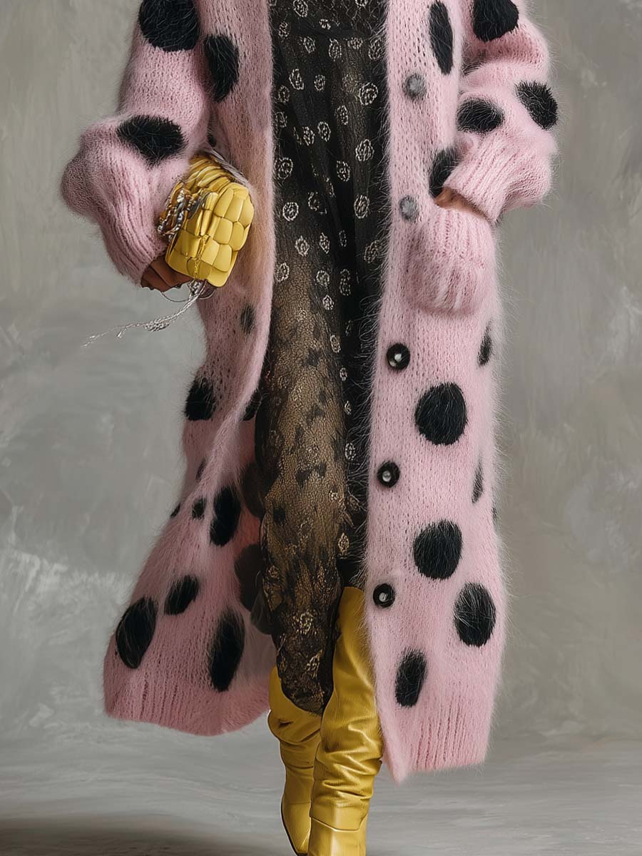 Pink Faux Rabbit Wool Long Sleeve Cardigan with Retro Polka Dot Design