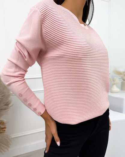 Round Neck Sweater with Button Accents