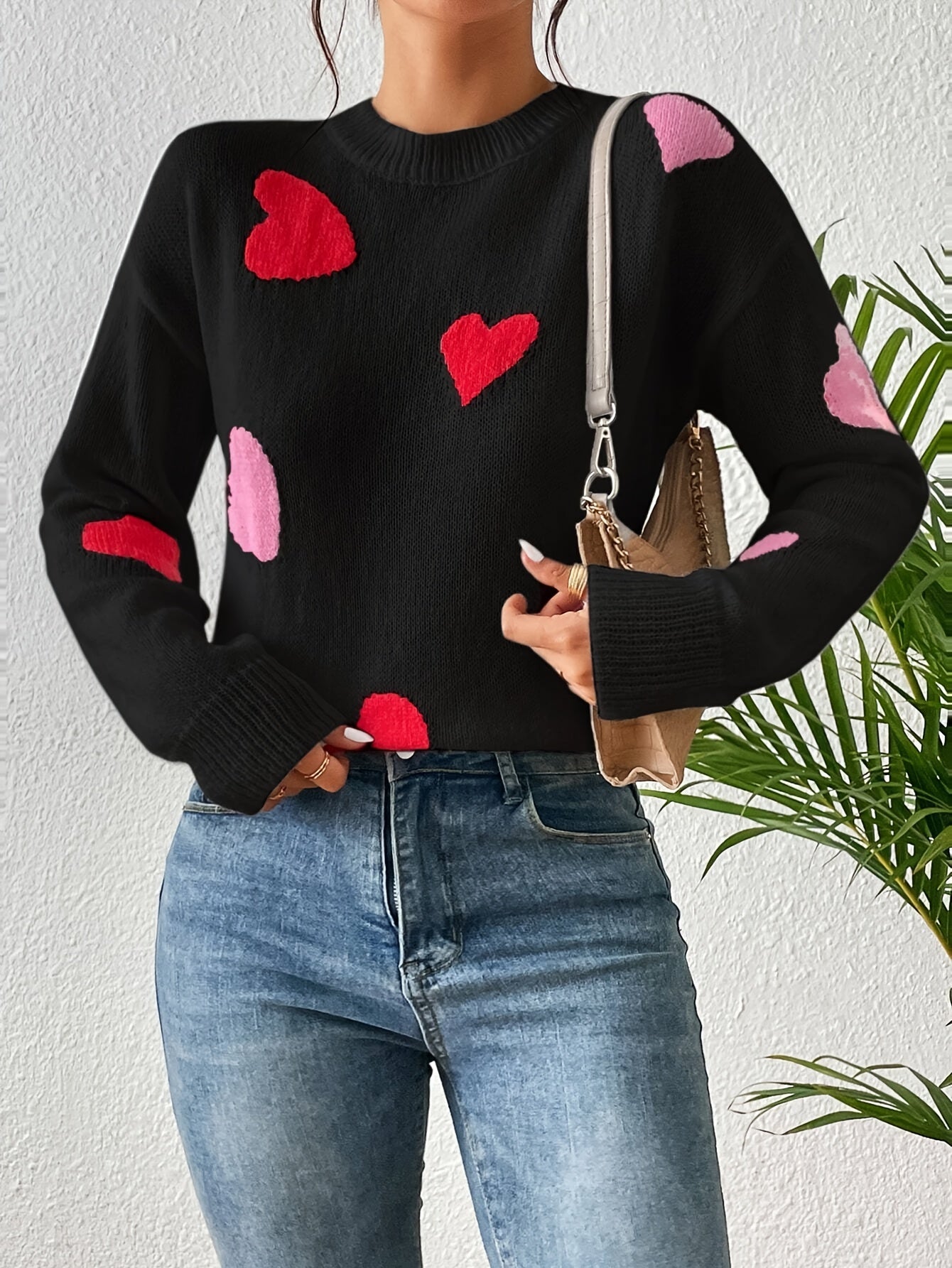 Elise | Women's Heart Pattern Round Neck Sweater