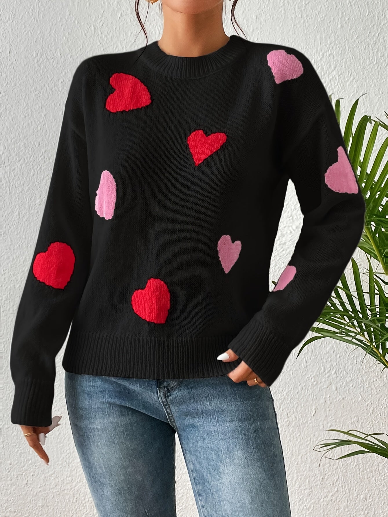 Elise | Women's Heart Pattern Round Neck Sweater