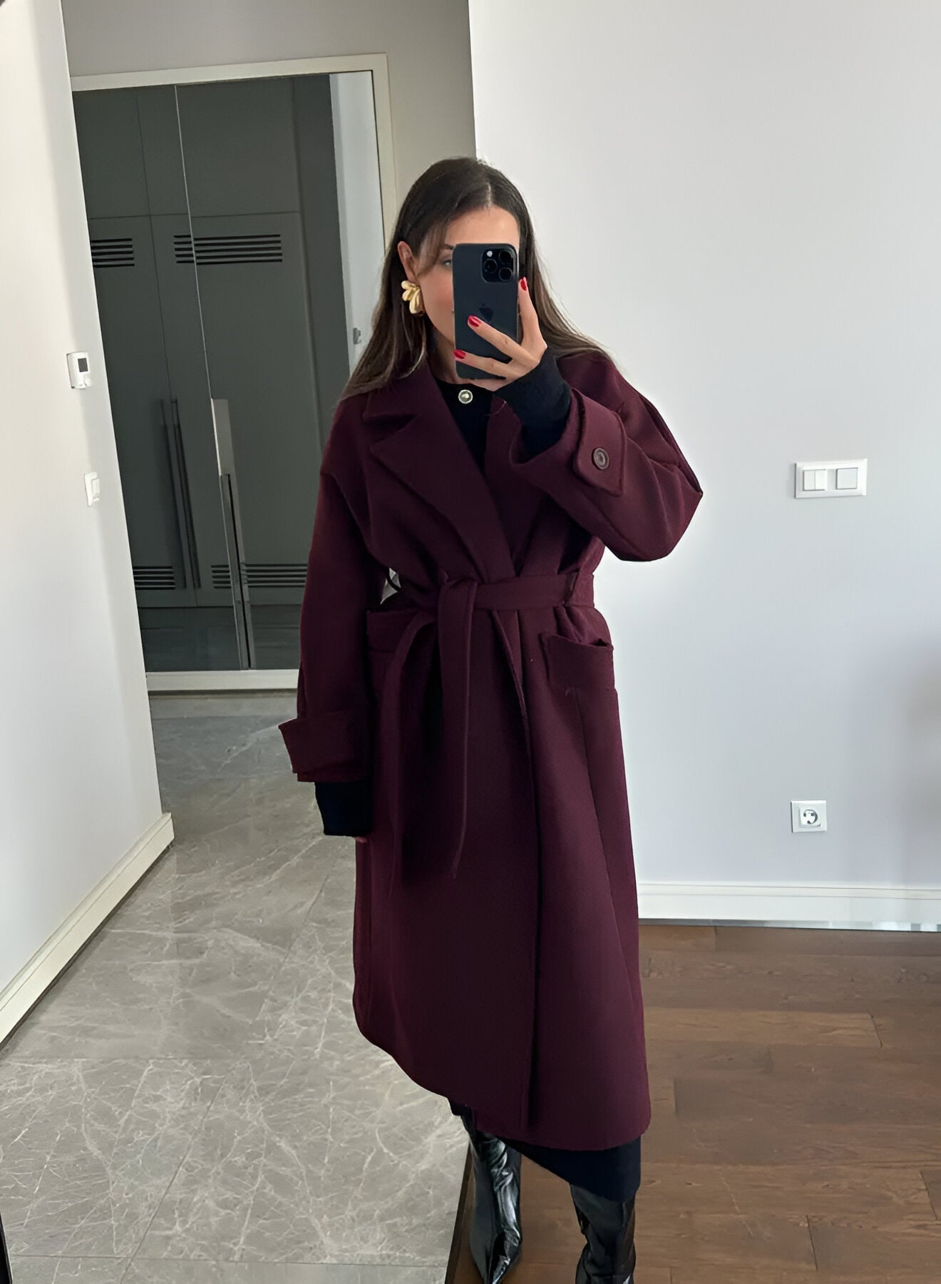 Burgundy Oversized Wool Jacket for Women - Classic Elegance